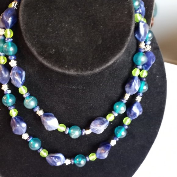 Necklace and Earring Set Navy Teal Lime Silver Tone Beaded EUC-Item #193 - Picture 2 of 4
